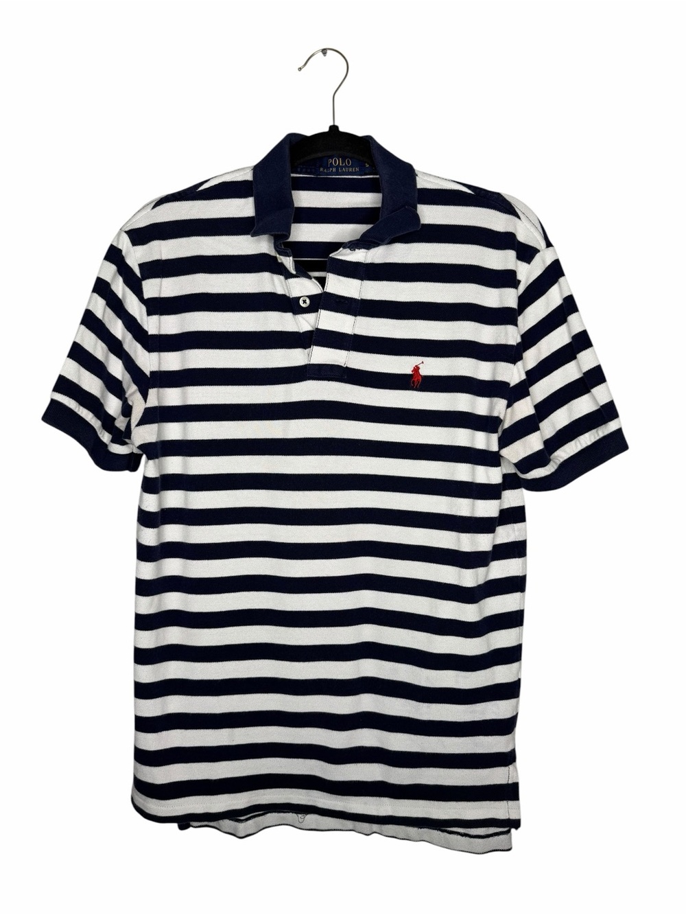 POLO RALPH LAUREN / navy blue white classic chunky striped short sleeve polo / S